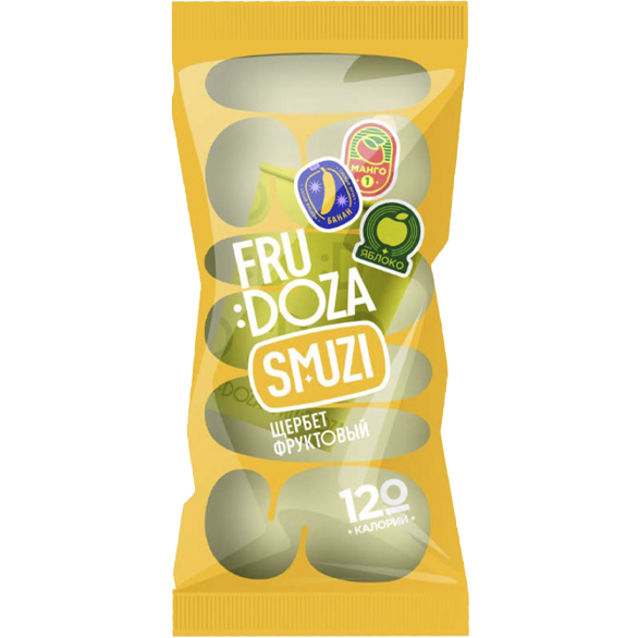 «FRUDOZA SMUZI» whipped frozen dessert. Mango-banana-apple fruit sherbet